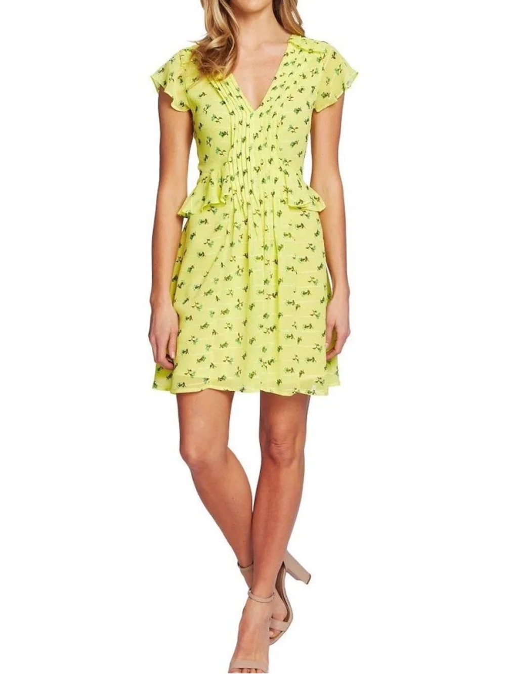CeCe Yellow Floral V-Neck Dress